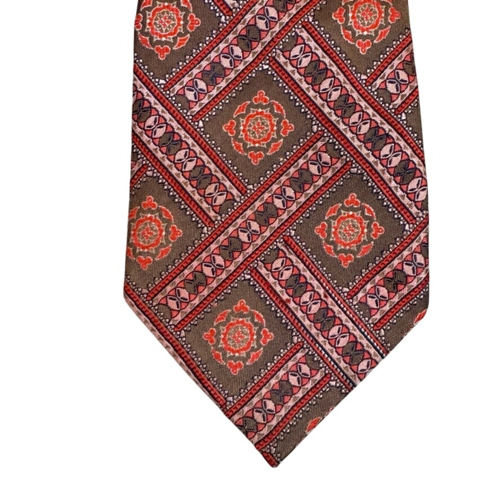 Vintage Liebert Mens Tie Brown Red Geometric Medallion Wide Silk Blend Retro 54"